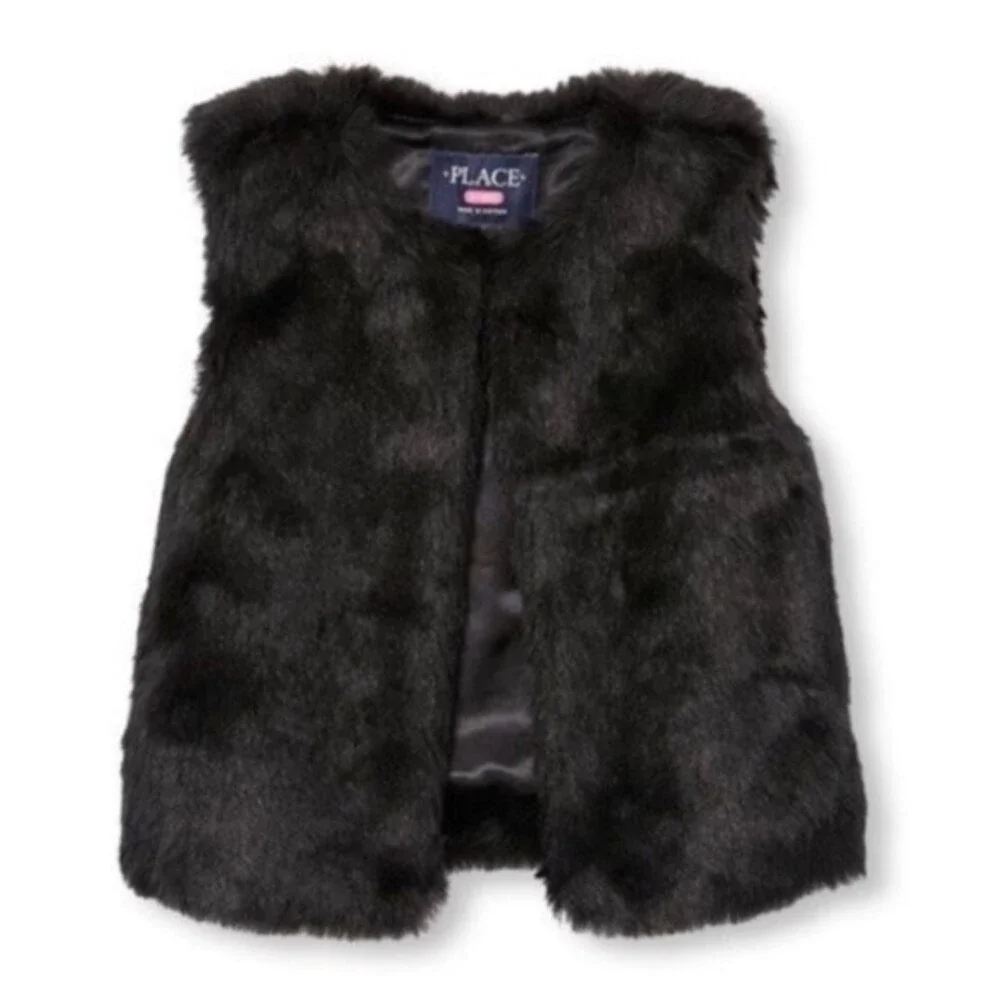 The Children’s Place Girl's Open Front Black Faux Fur Vest Jacket Size XXL 16